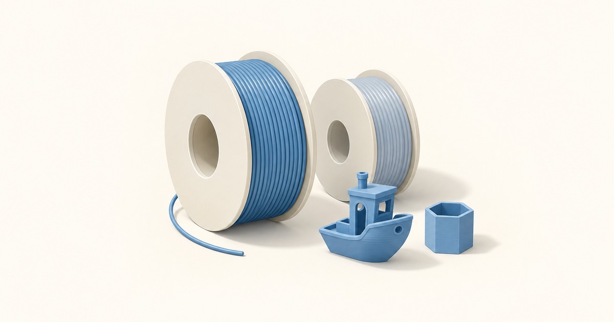 Two spools of blue and pale blue 3D printer filament on white reels beside a printed blue benchy boat and a hexagonal cup on a cream background.