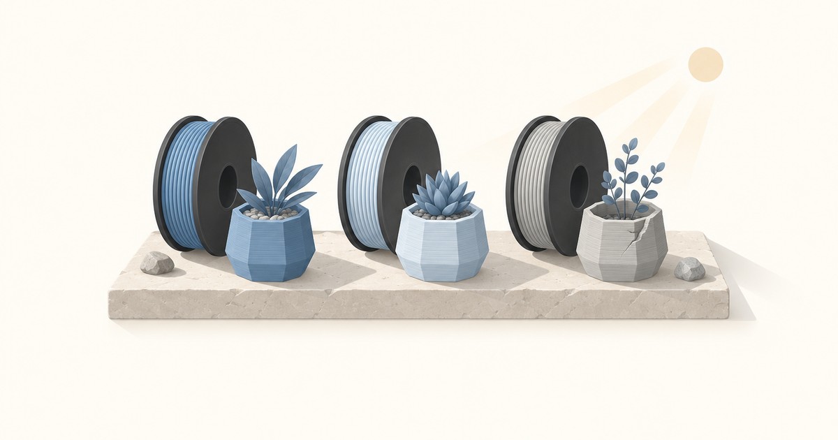 Three filament spools in blue, pale blue and gray beside matching 3D printed planters on a stone slab under the sun, the gray pot visibly cracked