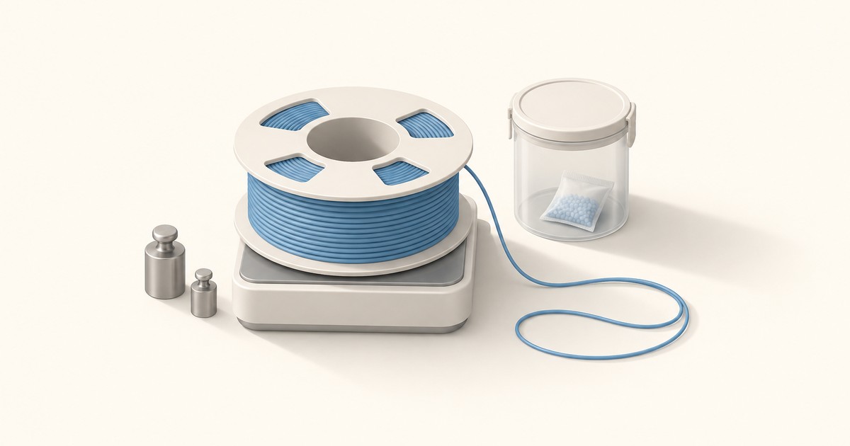 Blue 3D printer filament spool resting on a white digital scale beside steel calibration weights and a clear jar holding a desiccant pack.