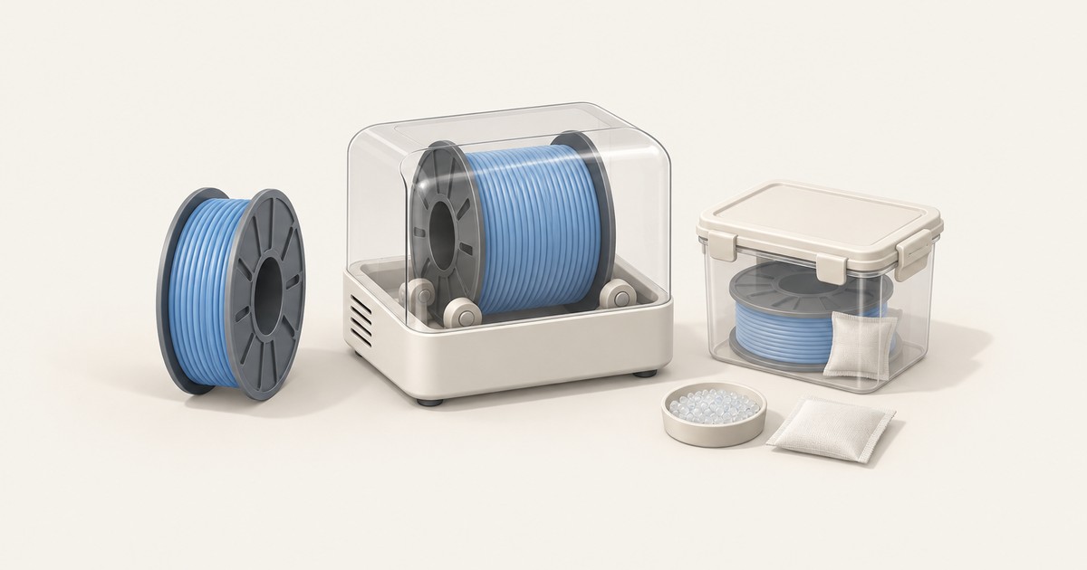 Blue 3D printer filament spool beside a filament dryer box with clear dome, plus a sealed container with desiccant bags and a dish of silica beads