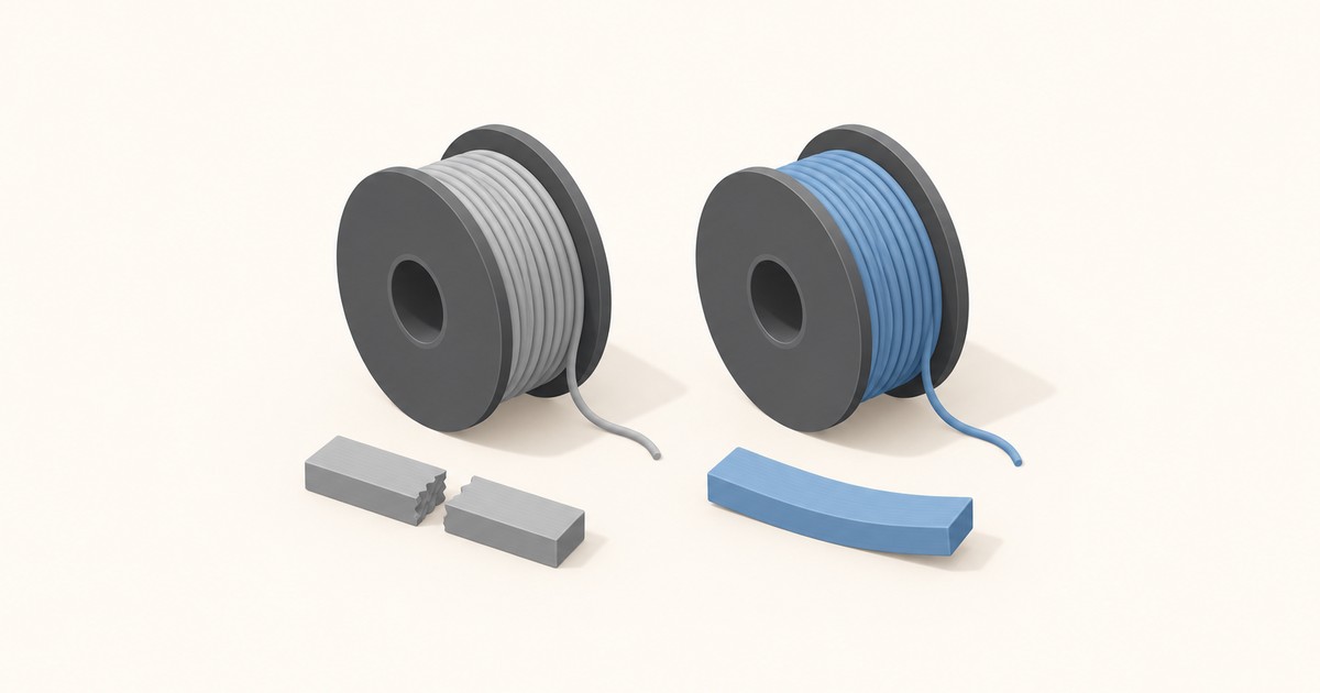 Gray and blue filament spools side by side, a snapped gray printed bar below the gray one and a flexed unbroken blue bar below the blue, showing toughness