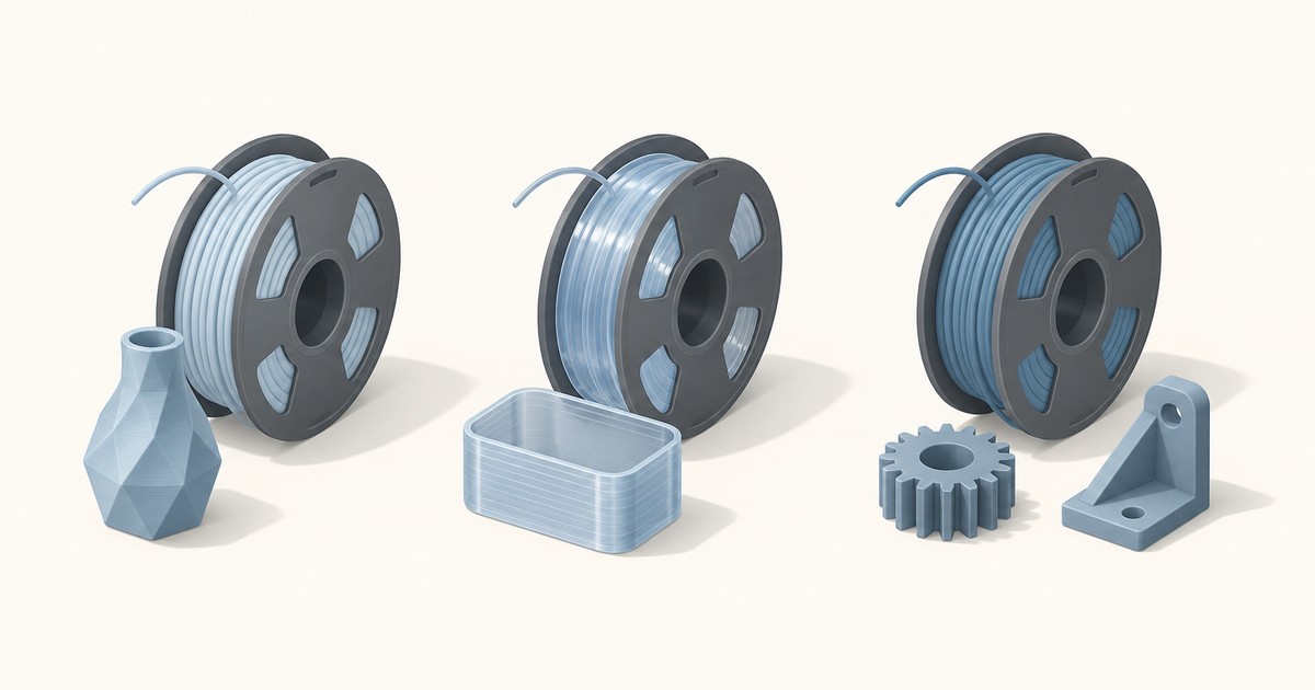 Three gray spools of blue 3D printer filament in a row, each paired with a printed part: a faceted vase, a clear box, and a gear with a bracket.