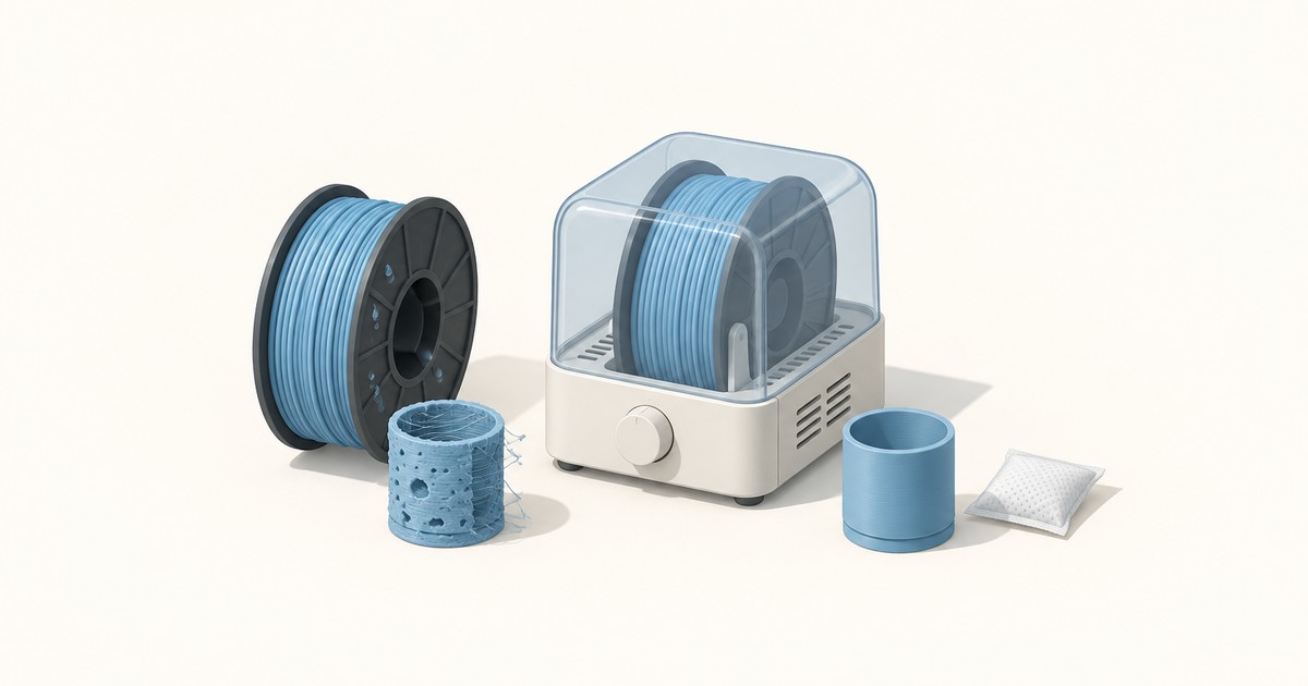 Blue filament spool beside a pitted, stringy print, plus a filament dryer holding a spool, a smooth printed cup and a desiccant packet